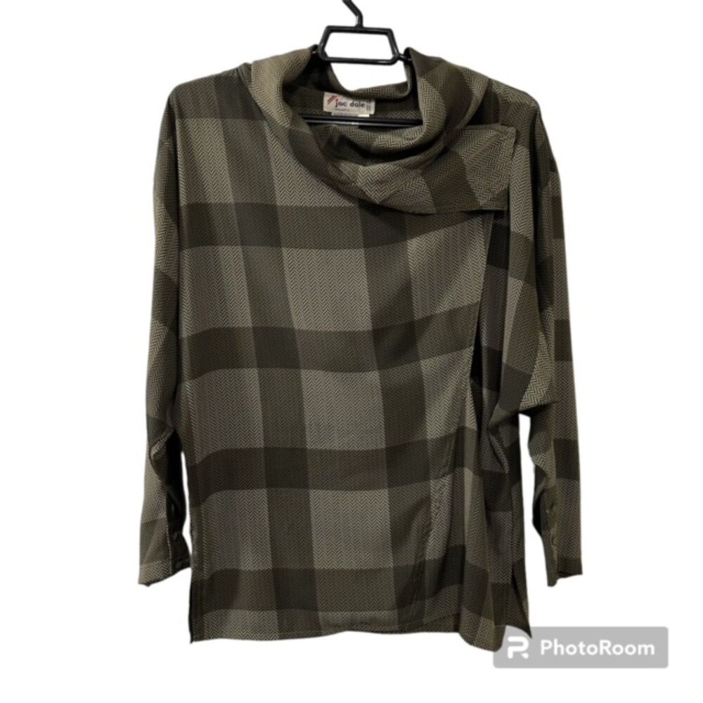 Vintage 80s Jac Dale Womens Green Plaid Cowl Neck Top Size 12/42
